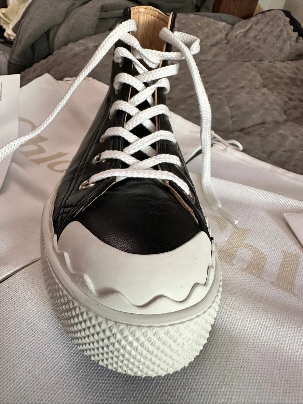 RARE NIB Chloé Black Lambskin Leather High-Top Sneakers with scalloped sole